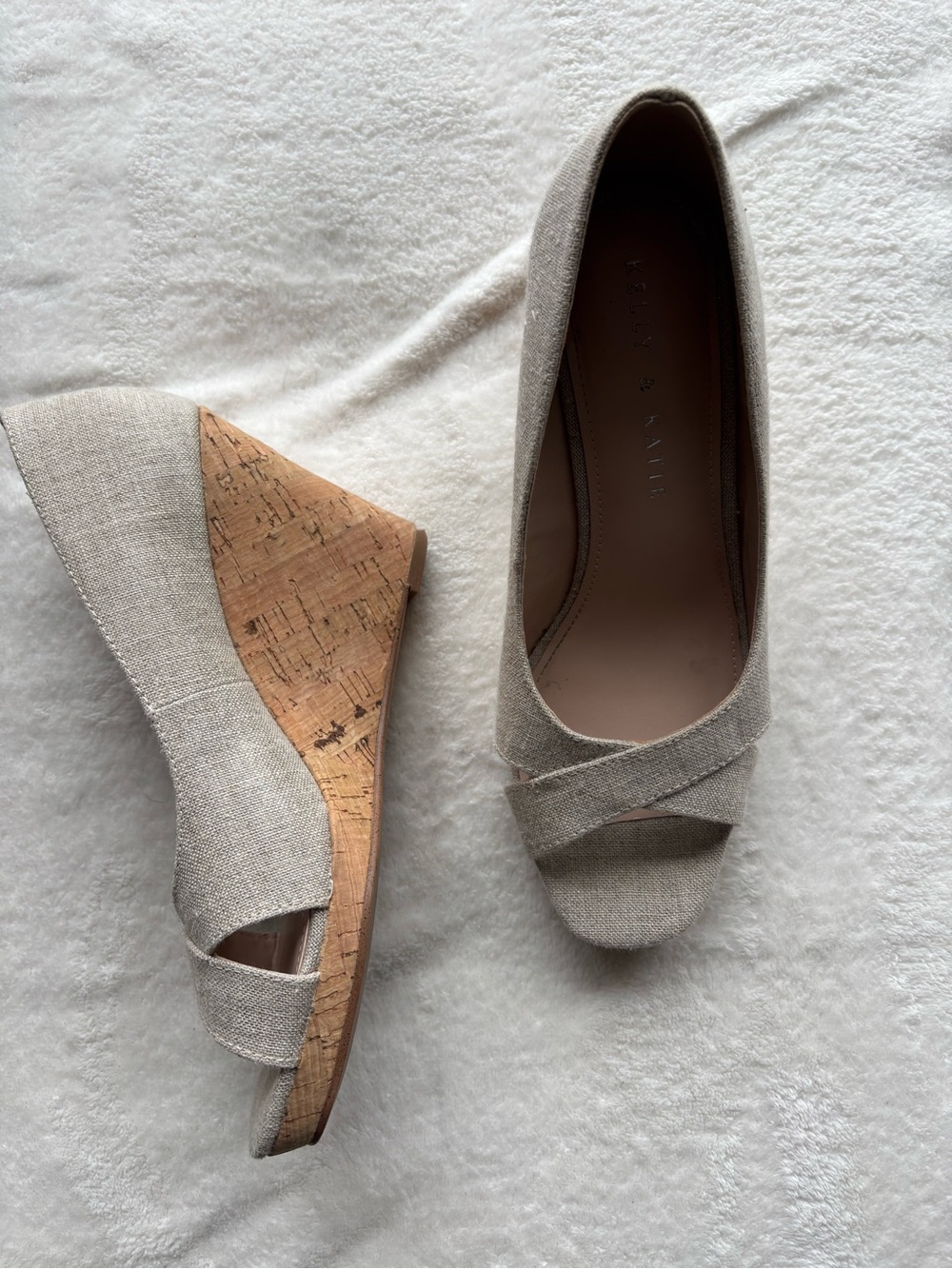 Kelly & Katie Beige Linen Cork Wedge Peep-Toe Pumps